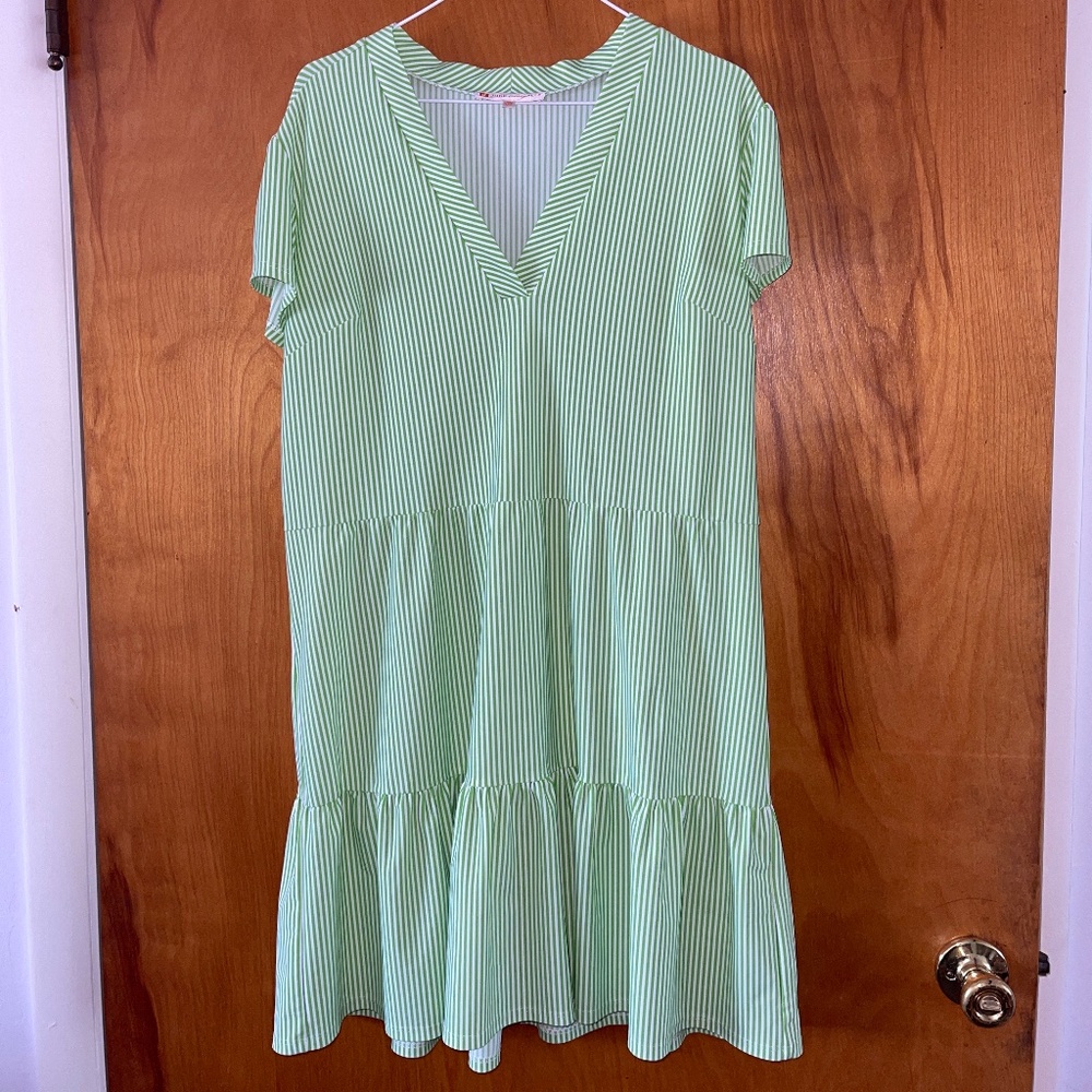 Jude Connally Green and White Striped Tiered Dress